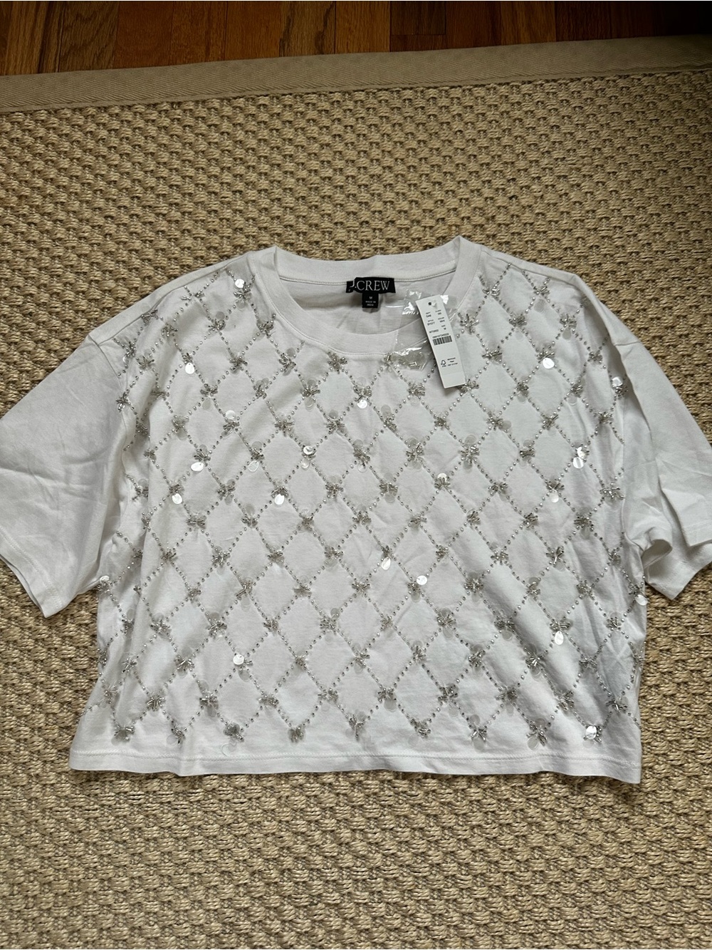 J. Crew White Sequin Lattice Short-Sleeve Tee